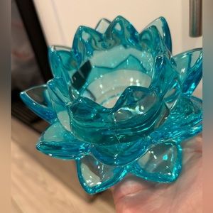 Crystal Blue-Green Glass Lotus Flower Candle Holder Exc. Cond. No Chips/Cracks
